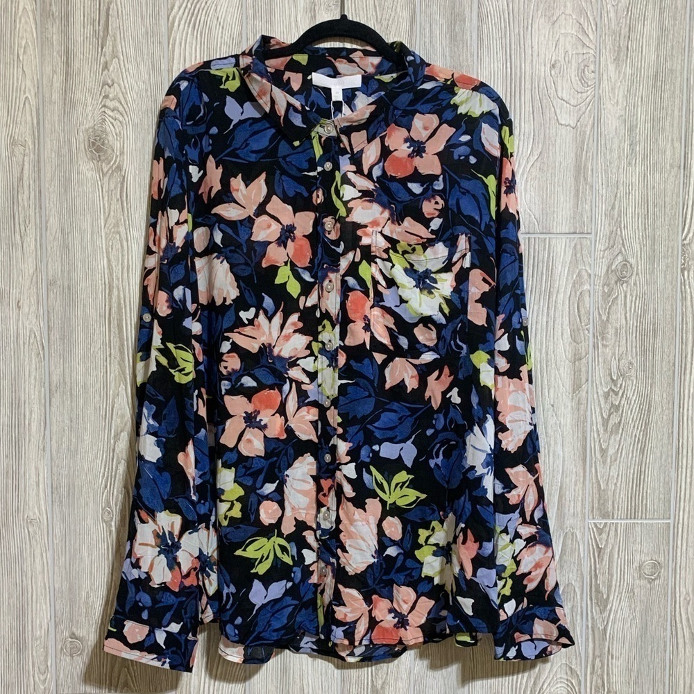 adyson parker Floral Long Sleeve Button Down Roll Tab Sleeve Rayon Top Size 3X